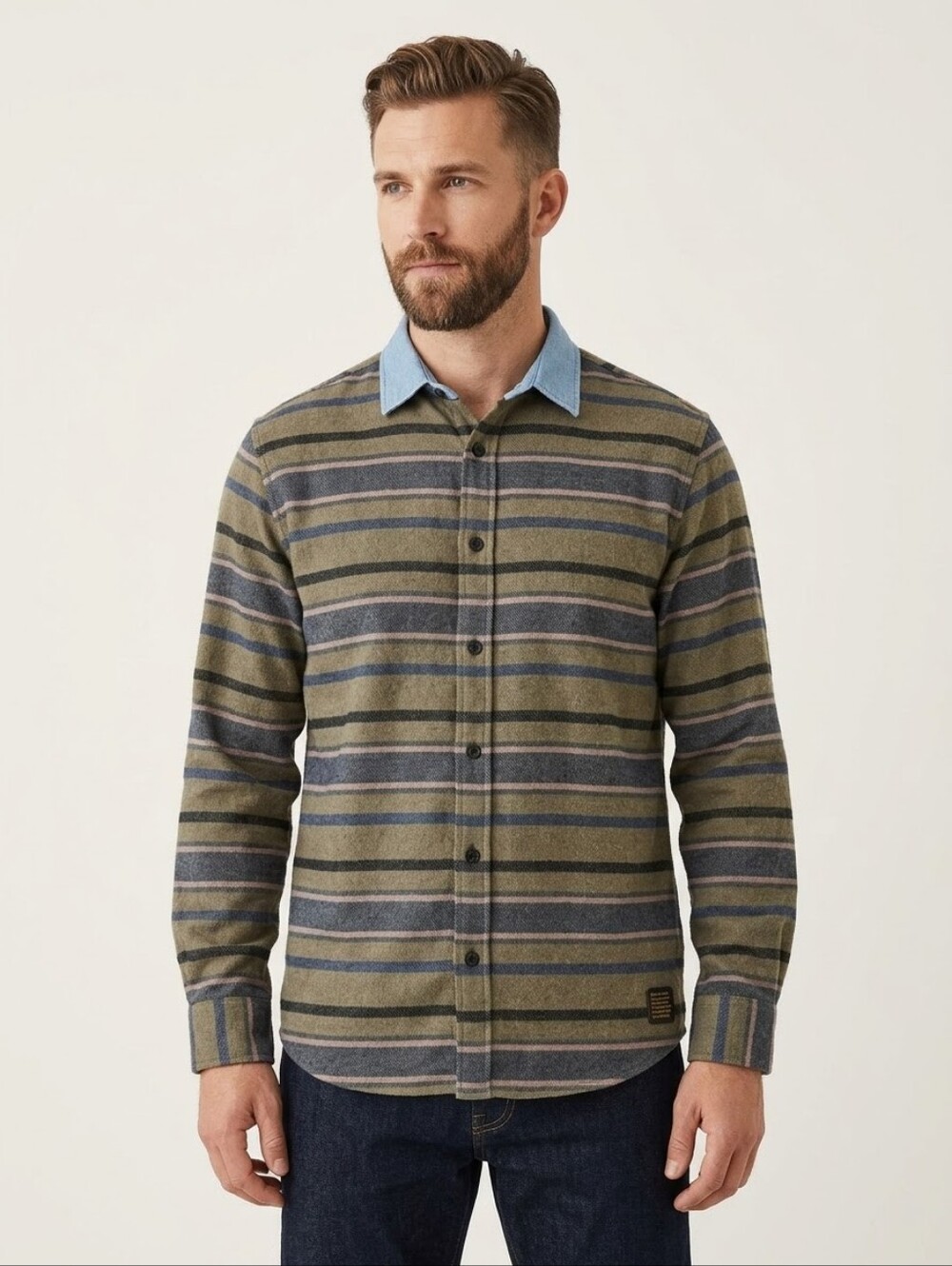 NWOT Frank And Oak Mens Medium Flannel Shirt Denim Collar Striped Overshirt
